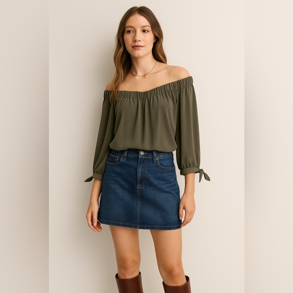 Express Olive Off-Shoulder Peasant Blouse - Size Large - Picture 1 of 7